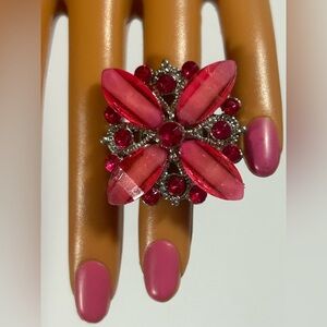 Vibrant Pink Crystal Floral Statement Ring - Adjustable
